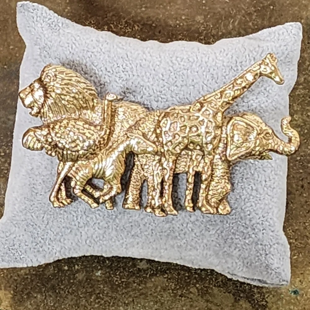 Vintage 1928 BroochnCares Gold Tone African Safari Animals Pin Nickel Free HUGE!